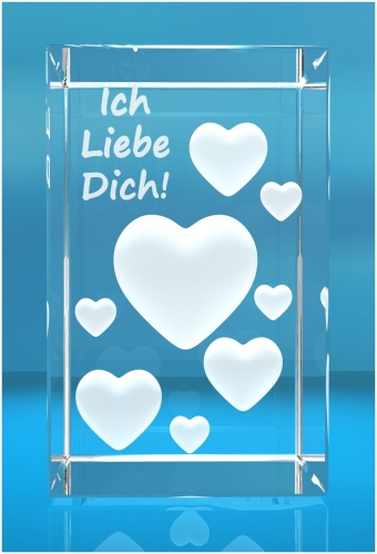 3D Glaquader I Viele Herzen in 3D I Text: Ich liebe Dich