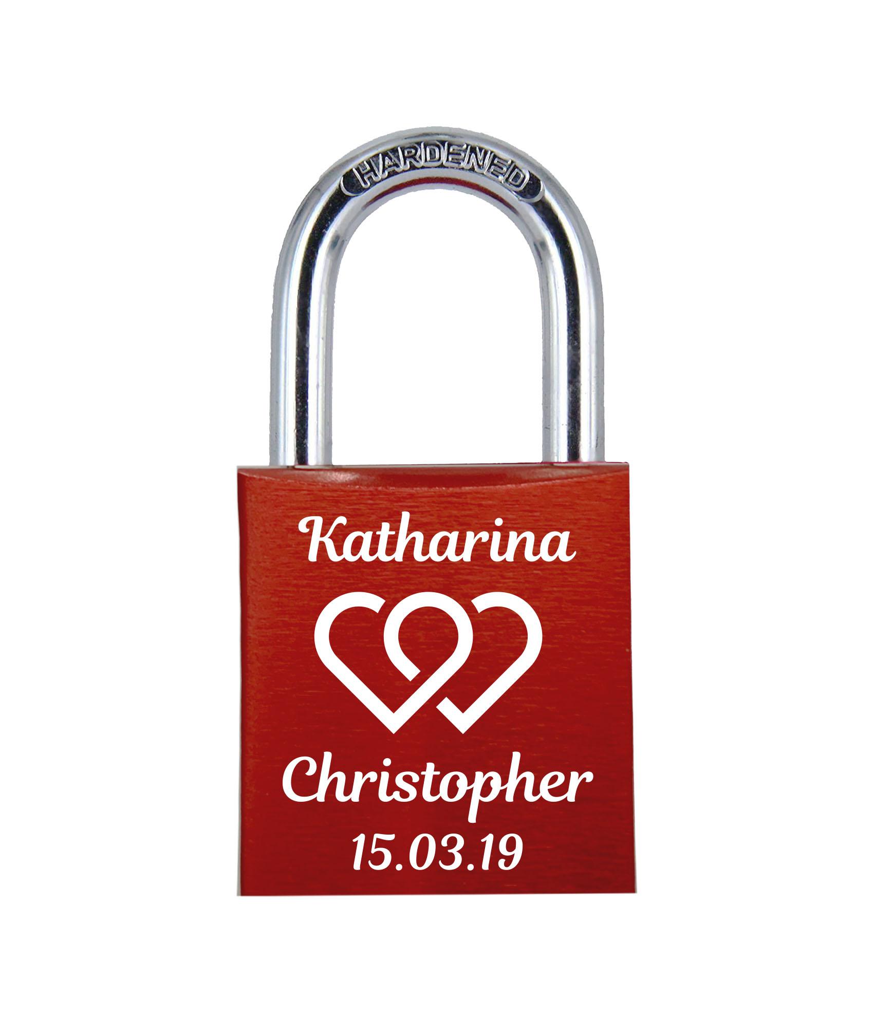 POD Liebesschloss mit Deinem Namen, Datum und Verzierung mit Herzen! Farbe: Rot Motiv: M003