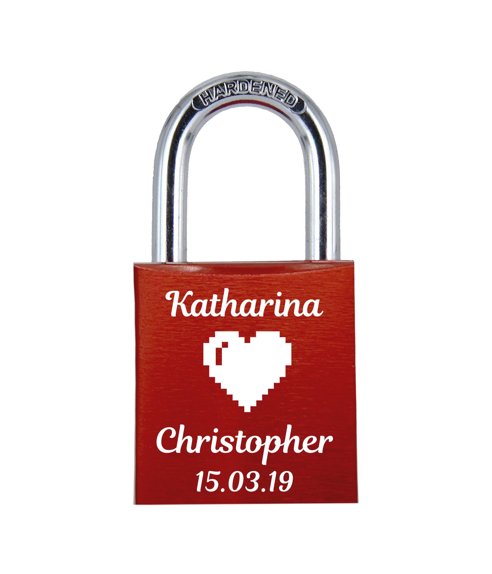 POD Liebesschloss mit Deinem Namen, Datum und Verzierung mit Herzen! Farbe: Rot Motiv: M012