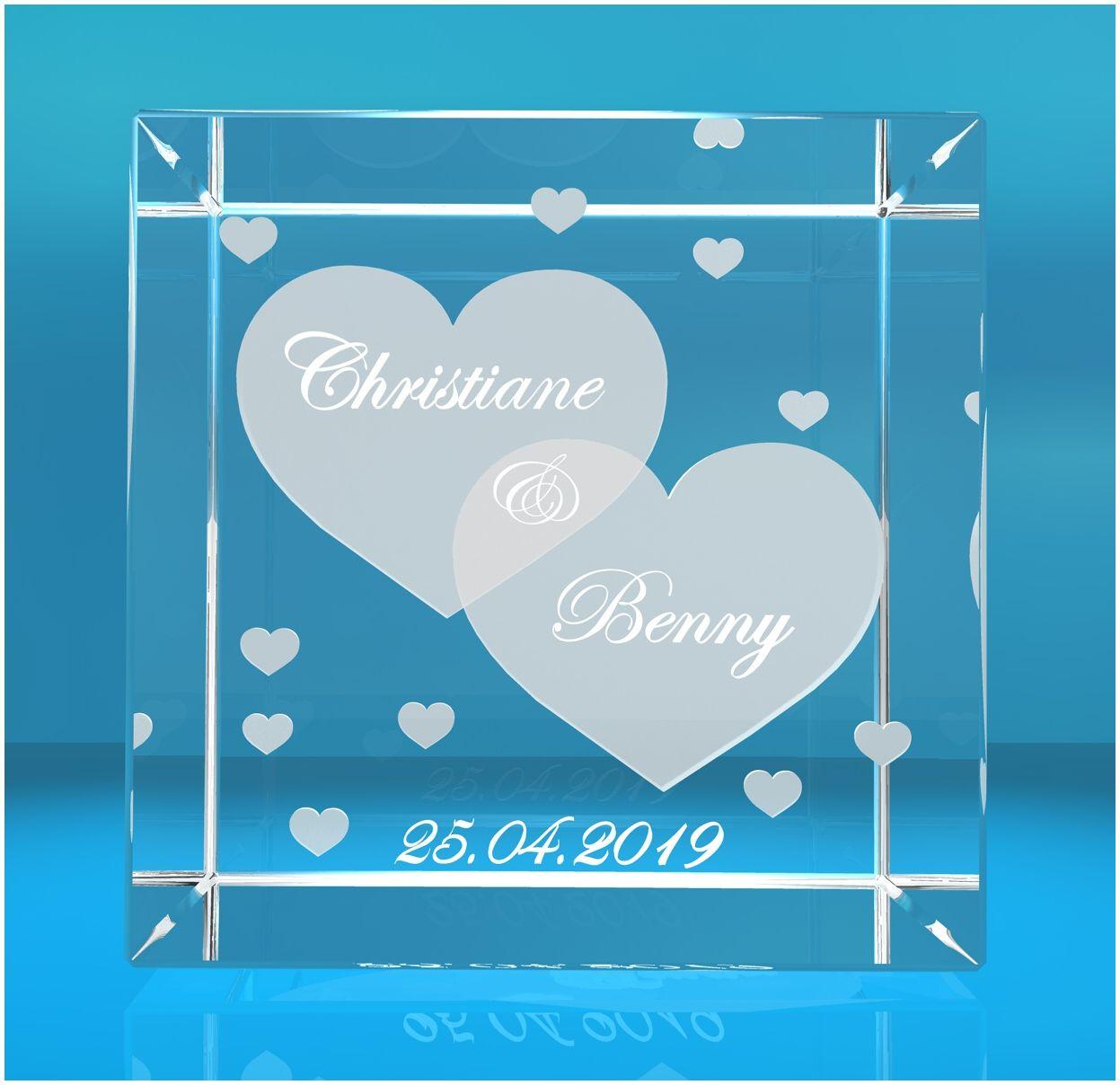 3D Glaswürfel I zwei Große Herzen + Wunschtext