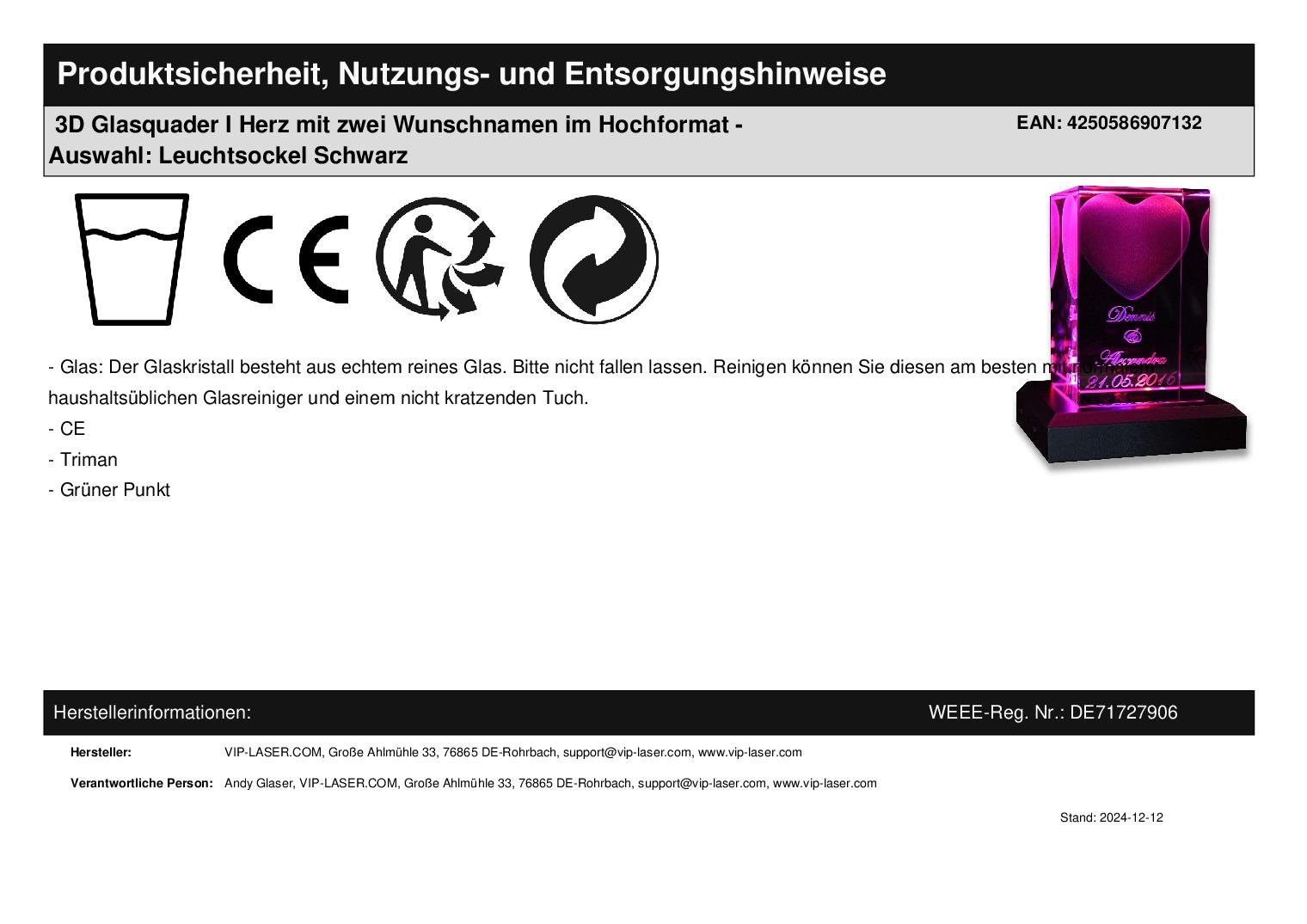 3D Glasquader I Herz mit zwei Wunschnamen im Hochformat - Auswahl: Leuchtsockel Schwarz