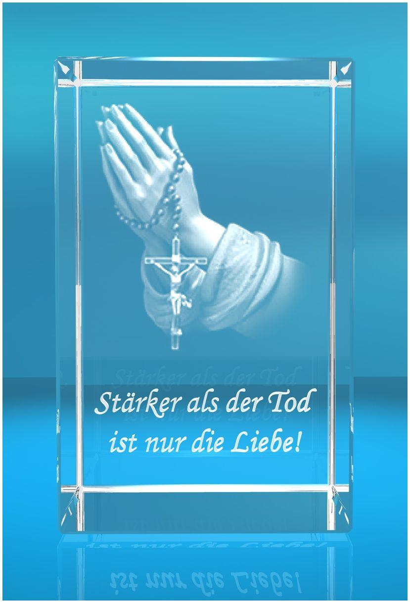 3D Glasquader   Motiv: Betende Hände Text: Stärker als der Tod ist nur die Liebe!
