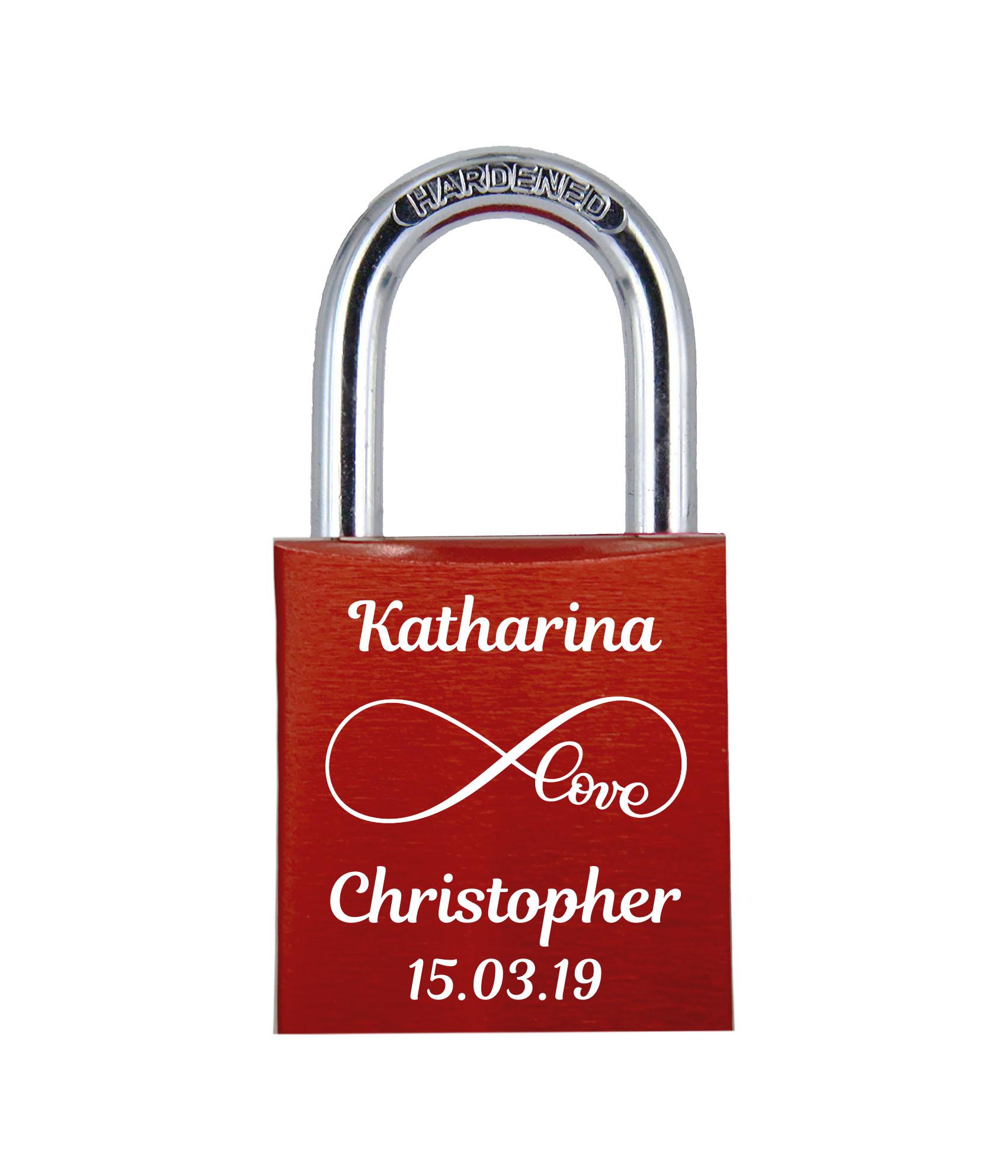 POD Liebesschloss mit Deinem Namen, Datum und Verzierung mit Herzen! Farbe: Rot Motiv: M008