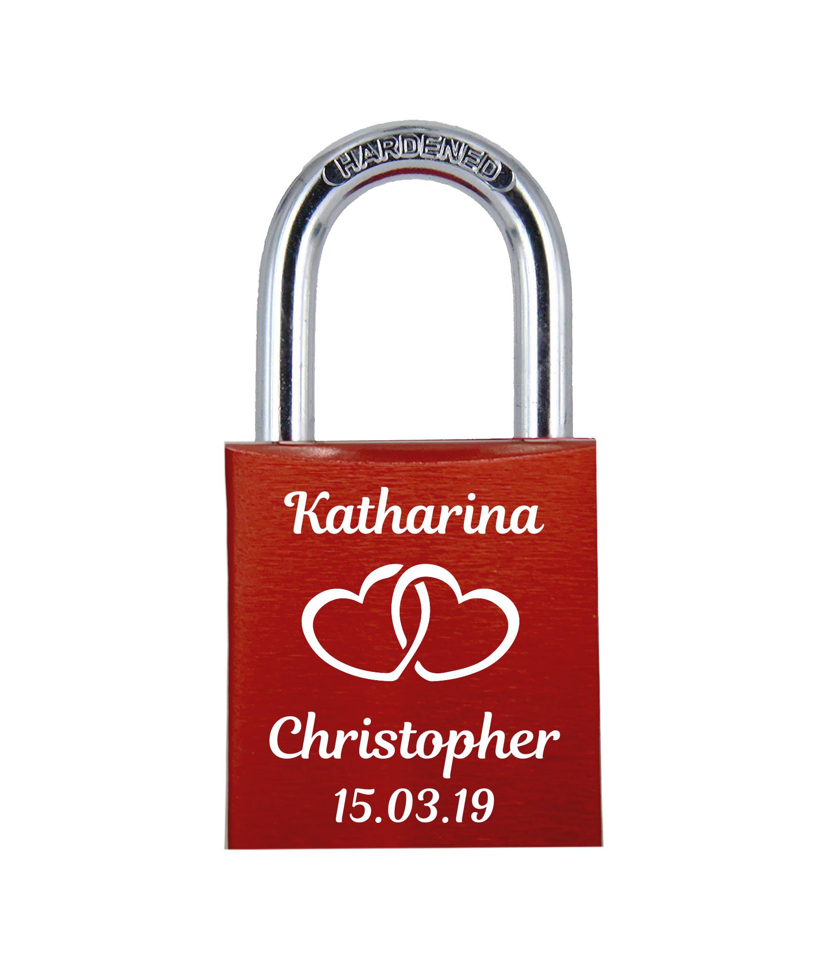 POD Liebesschloss mit Deinem Namen, Datum und Verzierung mit Herzen! Farbe: Rot Motiv: M002