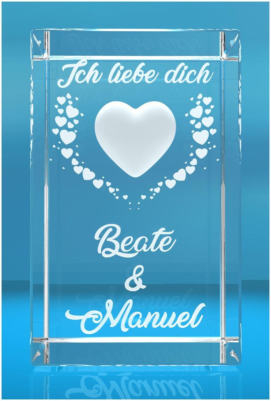 3D Glasquader   Motiv: Fliegende Herzen mit Text Ich liebe Dich! + Namen der Partner graviert