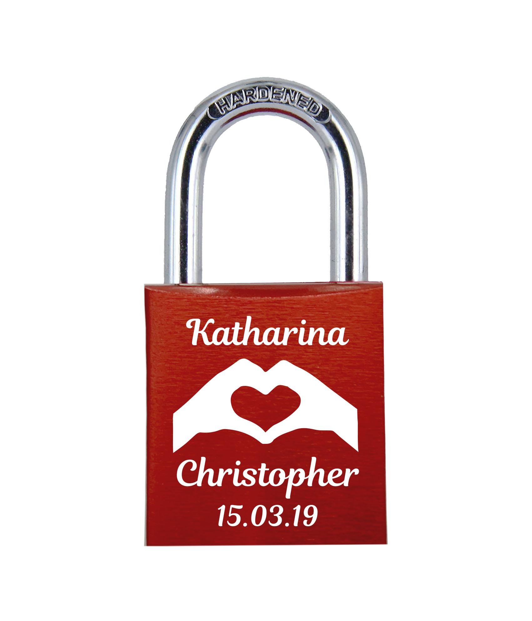 POD Liebesschloss mit Deinem Namen, Datum und Verzierung mit Herzen! Farbe: Rot Motiv: M006