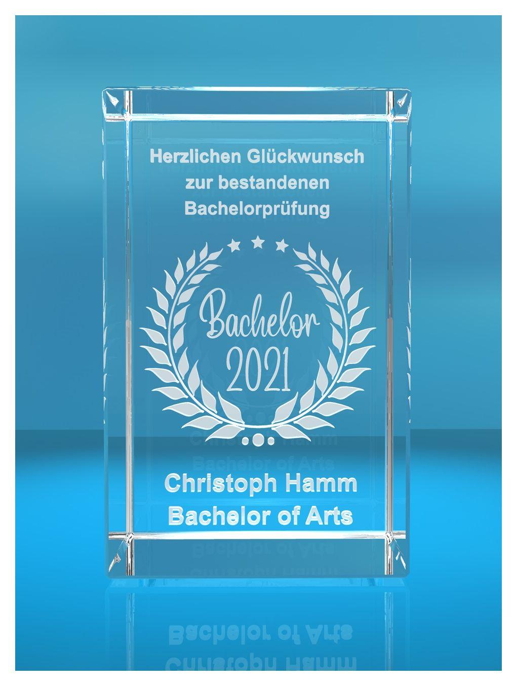 3D Glasquader   Bachelor + Jahreszahl   Glückwunsch mit Wunschtext   Geschenk zur Bachelorprüfung