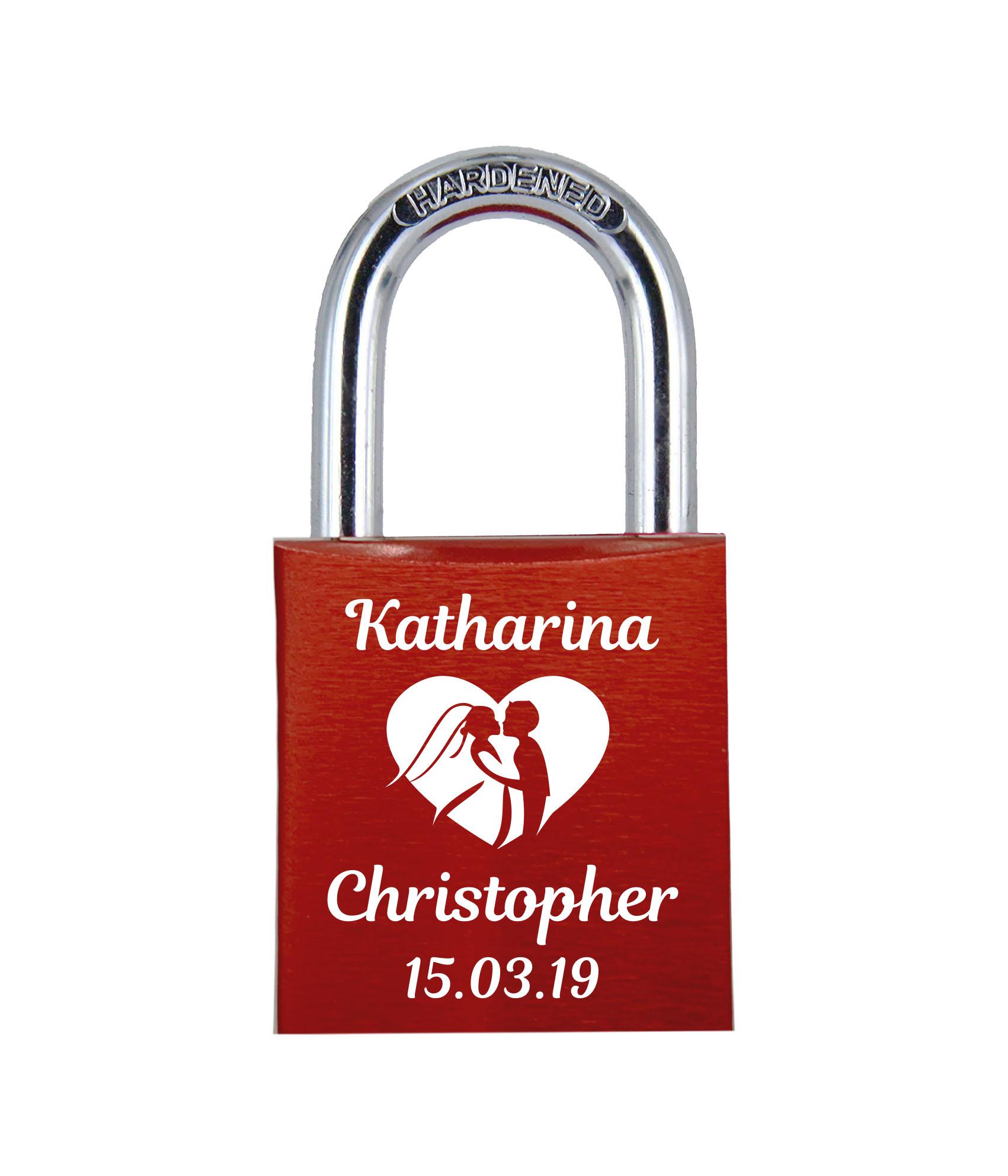 POD Liebesschloss mit Deinem Namen, Datum und Verzierung mit Herzen! Farbe: Rot Motiv: M009
