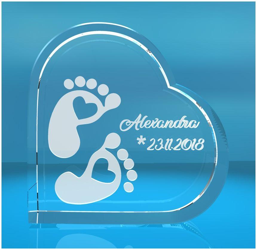 2D Glasherz   Motiv: Fussabdrücke Baby + Namen + Datum