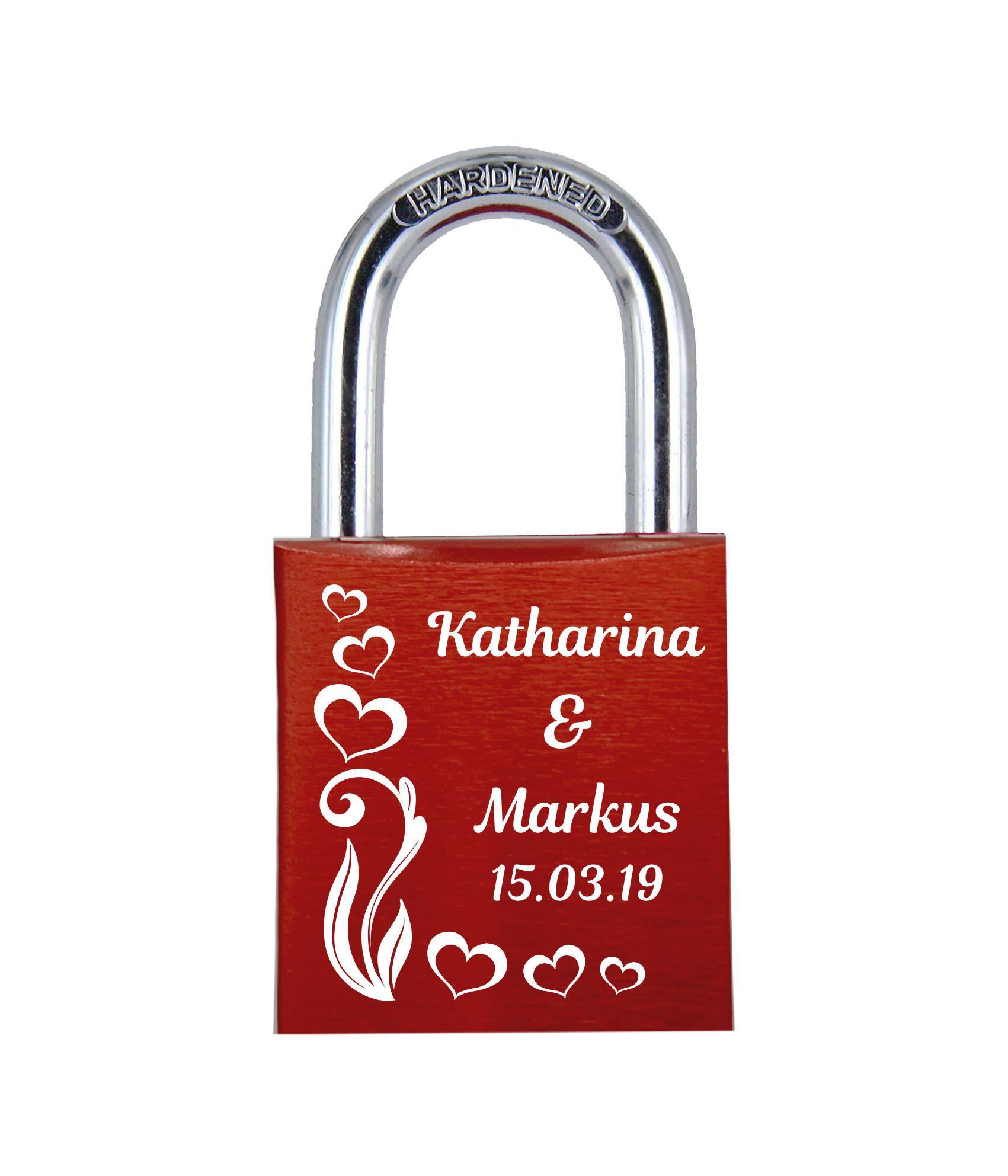 POD Liebesschloss mit Deinem Namen, Datum und Verzierung mit Herzen! Farbe: Rot Motiv: M017