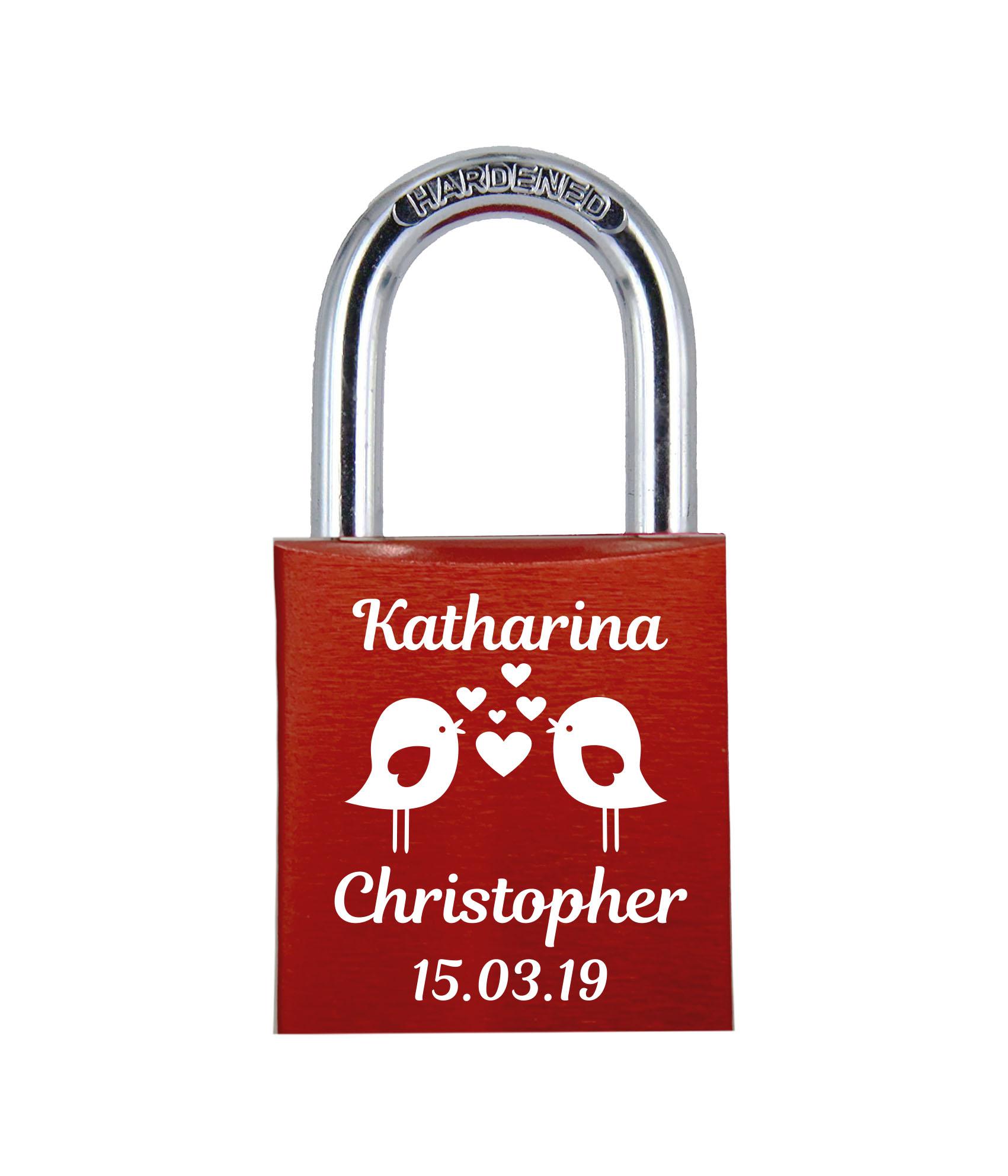 POD Liebesschloss mit Deinem Namen, Datum und Verzierung mit Herzen! Farbe: Rot Motiv: M007