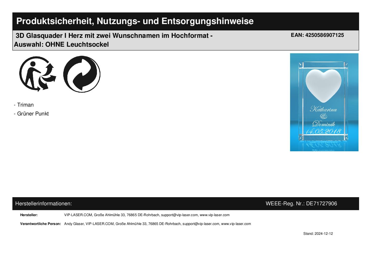 3D Glasquader I Herz mit zwei Wunschnamen im Hochformat - Auswahl: OHNE Leuchtsockel
