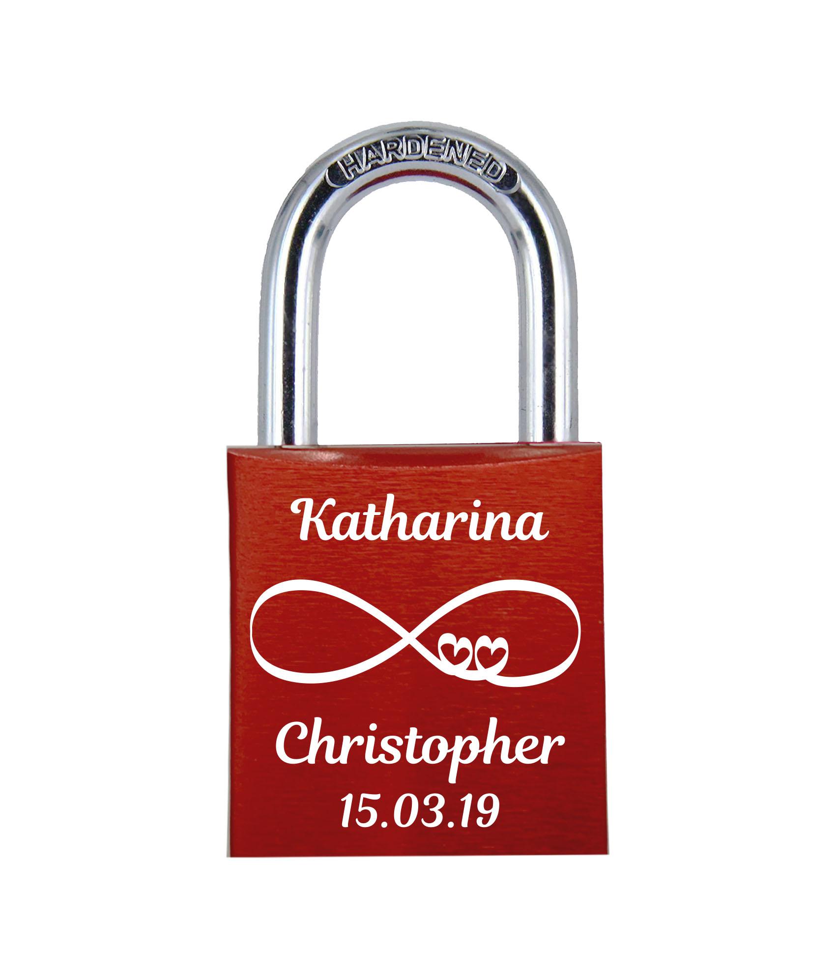 POD Liebesschloss mit Deinem Namen, Datum und Verzierung mit Herzen! Farbe: Rot Motiv: M005