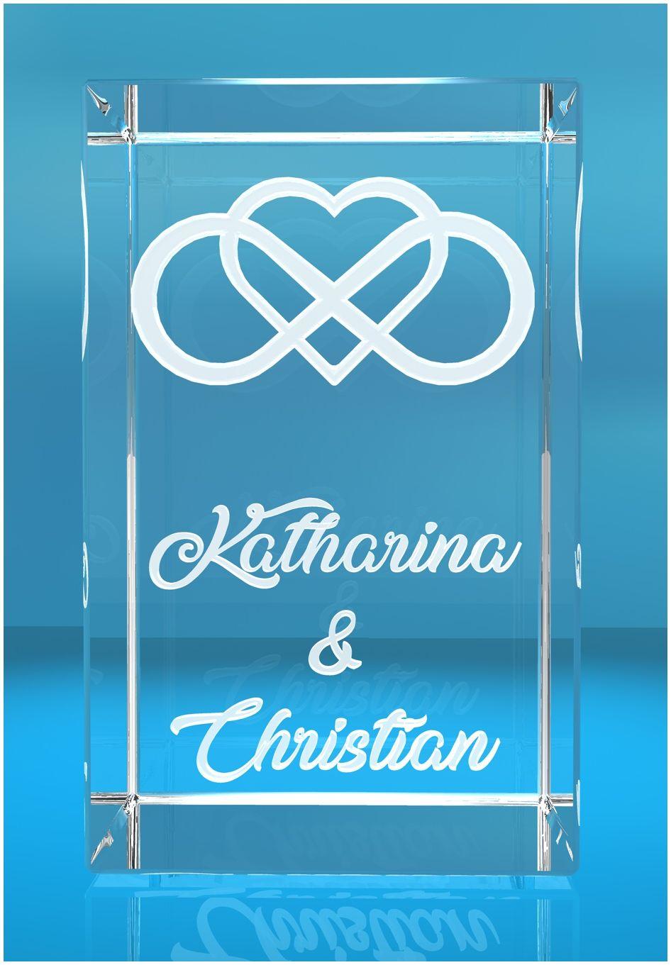 3D Glasquader   Motiv: Unendlichkeitszeichen + Namen der Partner graviert