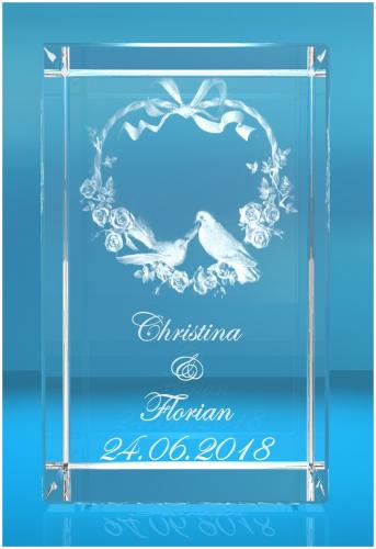 3D Glasquader I Herz mit Rosen und Tauben I + Wunschnamen