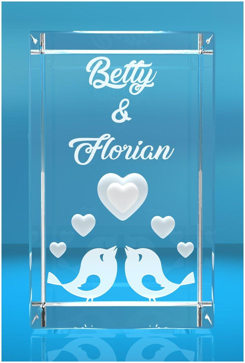 3D Glasquader   Motiv: Liebesvögel I Gravur mit Deinen Namen