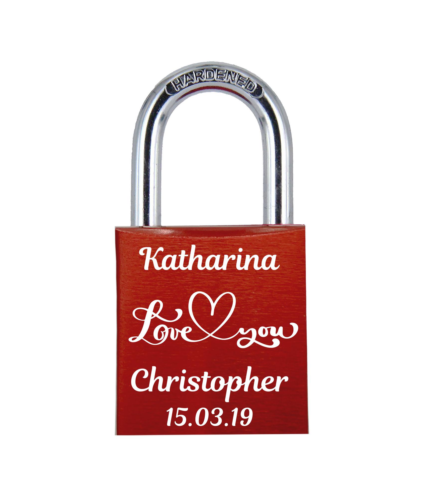 POD Liebesschloss mit Deinem Namen, Datum und Verzierung mit Herzen! Farbe: Rot Motiv: M014