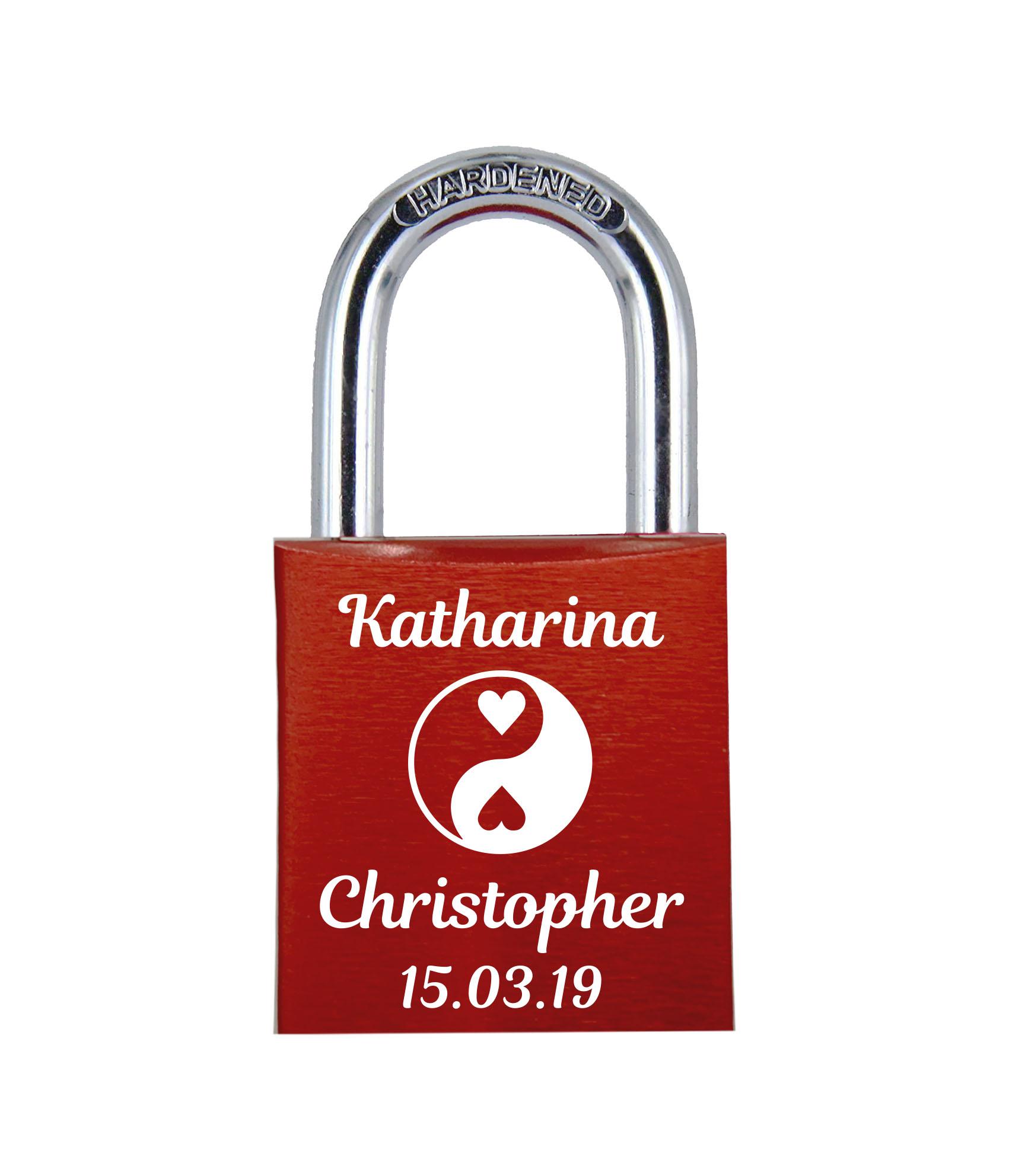 POD Liebesschloss mit Deinem Namen, Datum und Verzierung mit Herzen! Farbe: Rot Motiv: M011