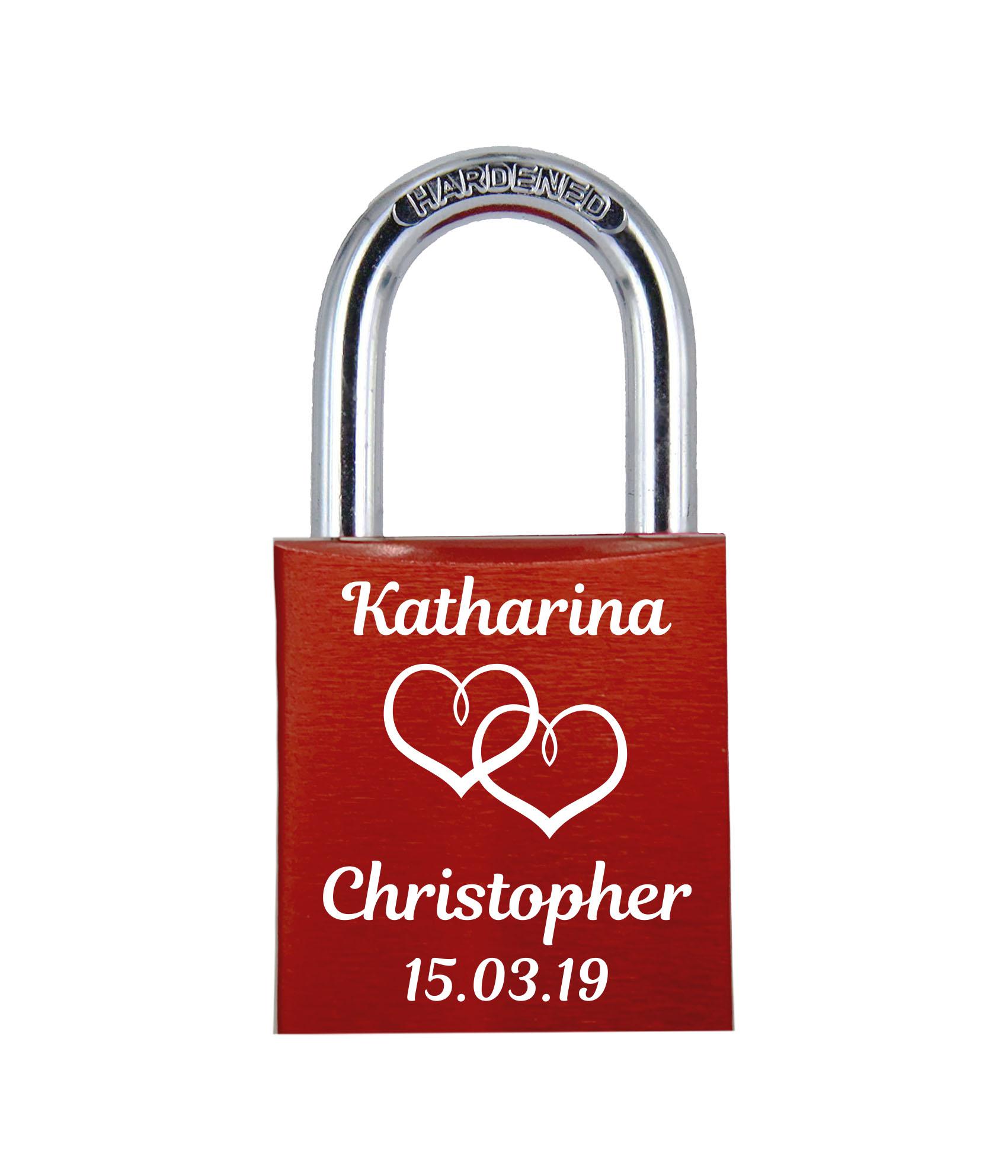 POD Liebesschloss mit Deinem Namen, Datum und Verzierung mit Herzen! Farbe: Rot Motiv: M001