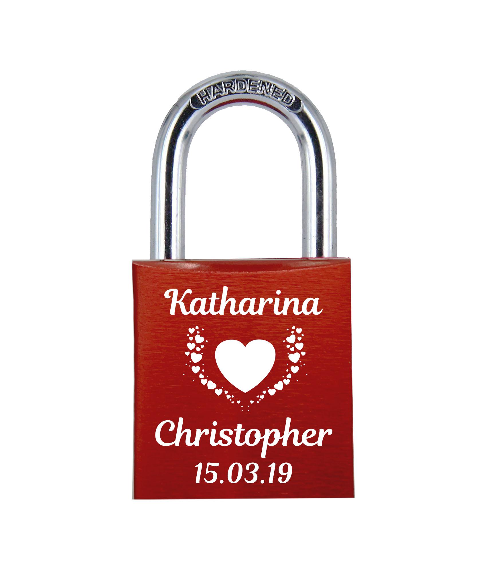 POD Liebesschloss mit Deinem Namen, Datum und Verzierung mit Herzen! Farbe: Rot Motiv: M004